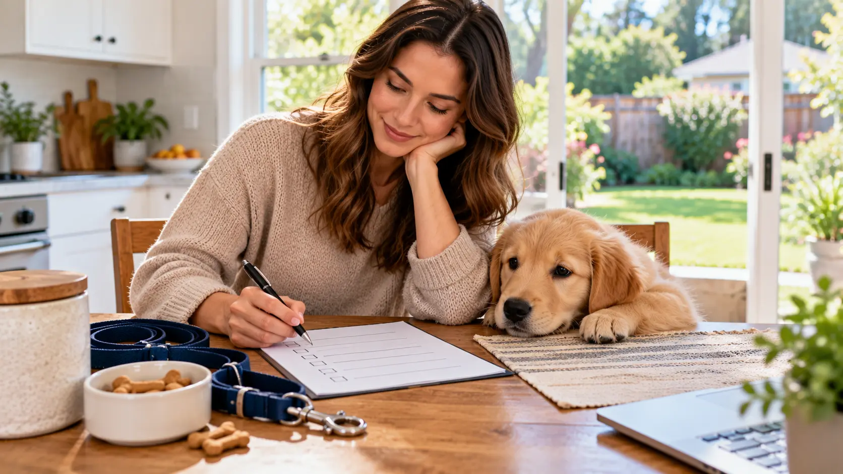Dog owner reviewing a puppy training plan beside a leash, treats, and a sleeping puppy.