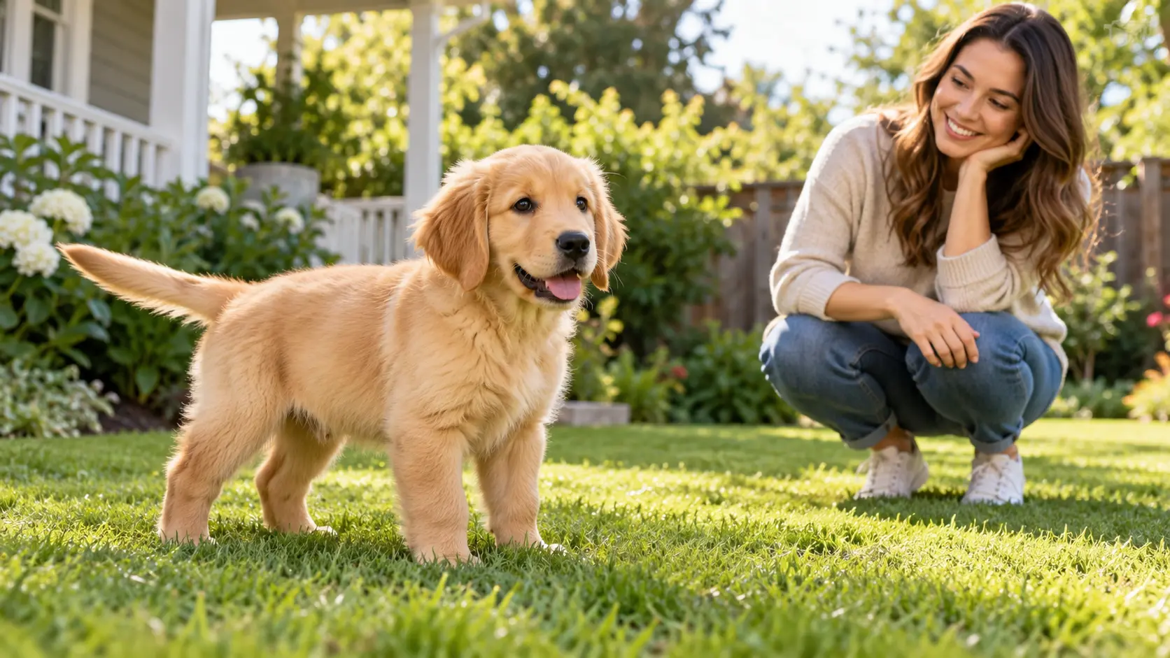 Puppy standing outdoors with its owner during a potty training session.