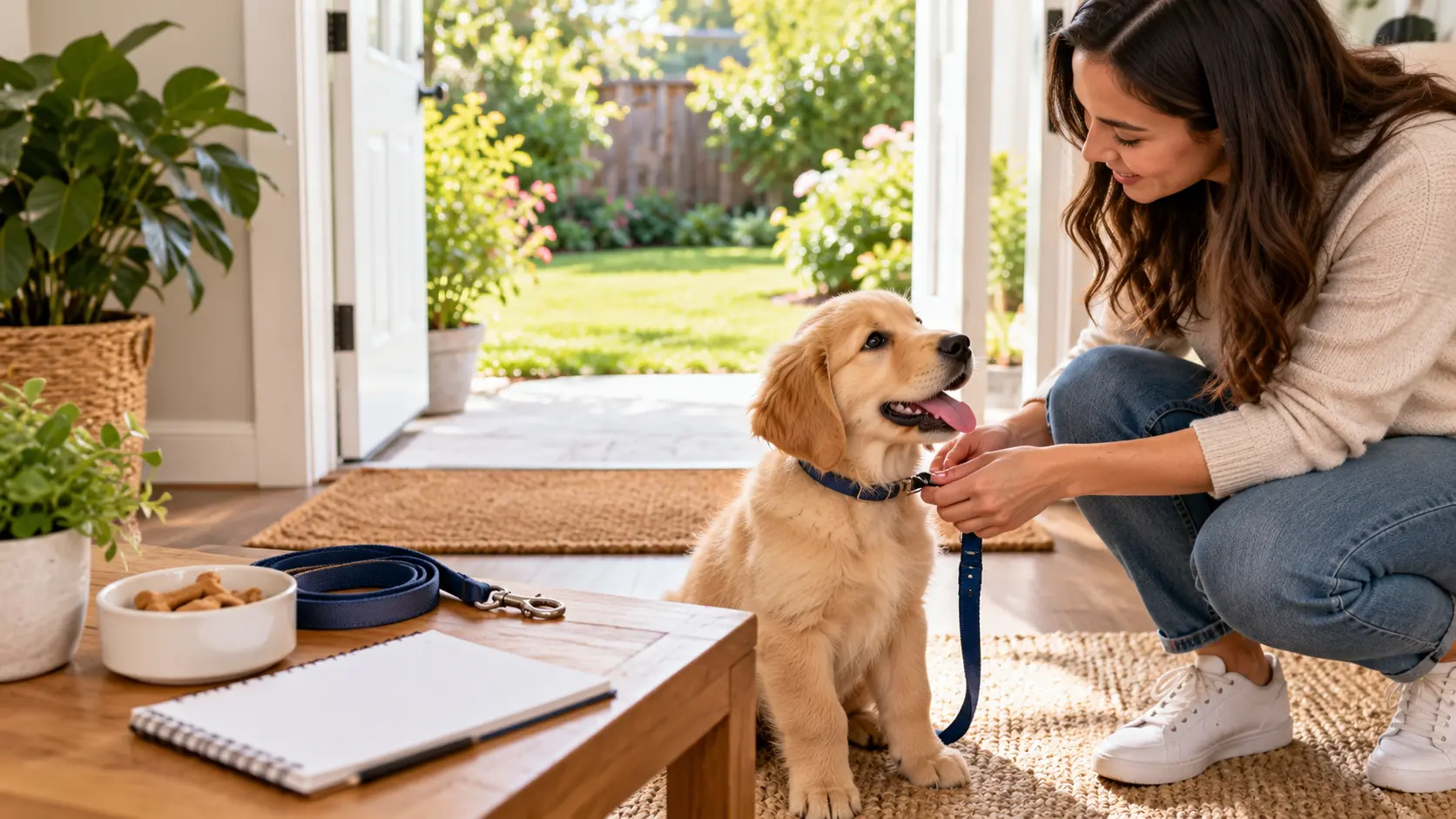 Puppy potty training routine with a schedule, leash, treats, and outdoor bathroom area.